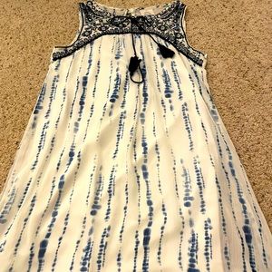 Blue and white printed dress with black detailing